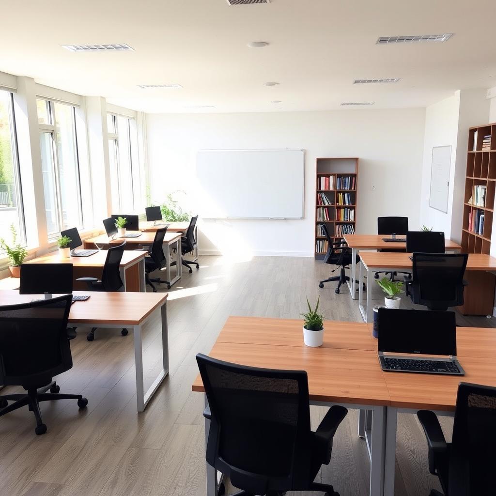 A well-organized room with 8 desks arranged neatly in two rows of four