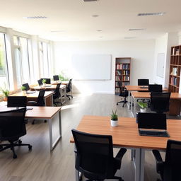 A well-organized room with 8 desks arranged neatly in two rows of four