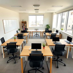 A well-organized room with 8 desks arranged neatly in two rows of four