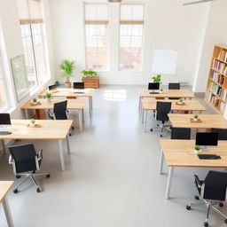 A well-organized room with 8 desks arranged neatly in two rows of four