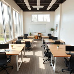 A well-organized room with 8 desks arranged neatly in two rows of four