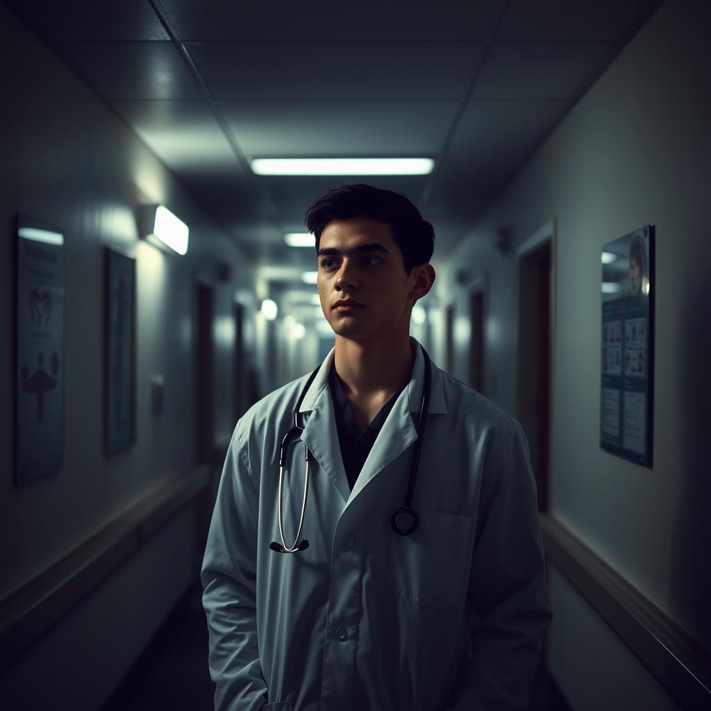 A somber young doctor standing alone in a dimly lit hospital corridor