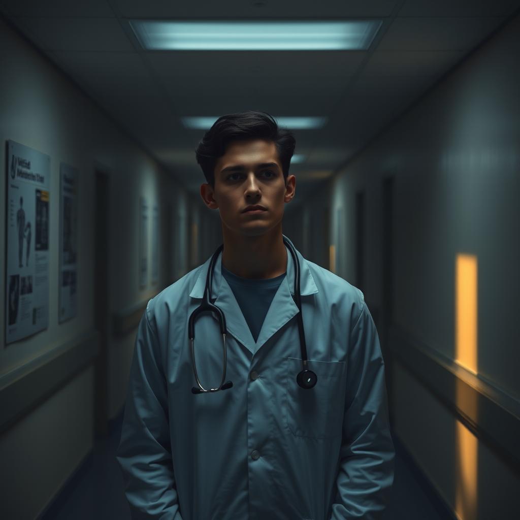 A somber young doctor standing alone in a dimly lit hospital corridor