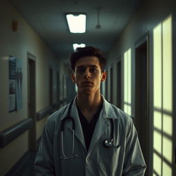 A somber young doctor standing alone in a dimly lit hospital corridor