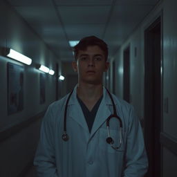 A somber young doctor standing alone in a dimly lit hospital corridor