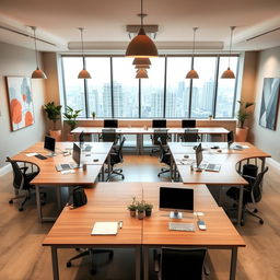 A spacious room featuring 8 desks arranged together in a large rectangular formation, forming a collaborative workspace