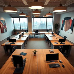 A spacious room featuring 8 desks arranged together in a large rectangular formation, forming a collaborative workspace