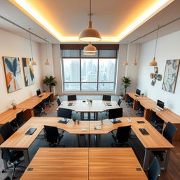 A spacious room featuring 8 desks arranged together in a large rectangular formation, forming a collaborative workspace