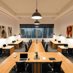 A spacious room featuring 8 desks arranged together in a large rectangular formation, forming a collaborative workspace