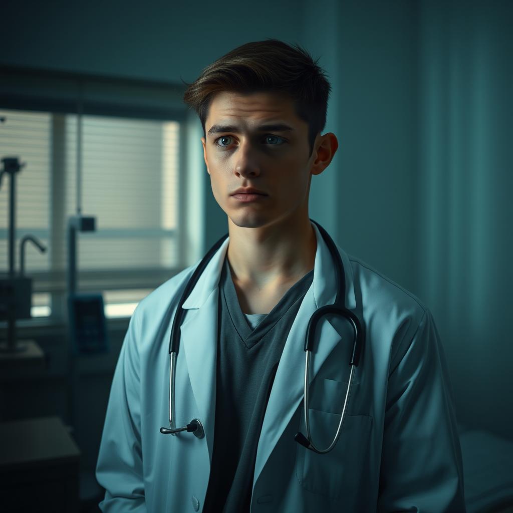 A young doctor with a melancholic expression, standing in a dimly lit hospital room