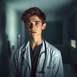 A young doctor with a melancholic expression, standing in a dimly lit hospital room