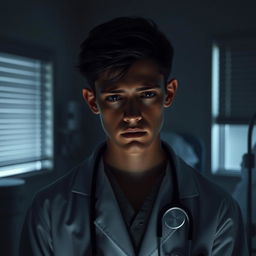 A young doctor with a melancholic expression, standing in a dimly lit hospital room