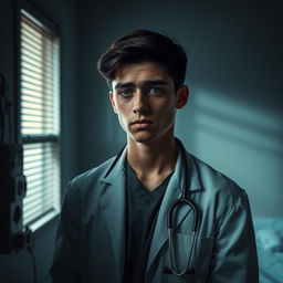 A young doctor with a melancholic expression, standing in a dimly lit hospital room