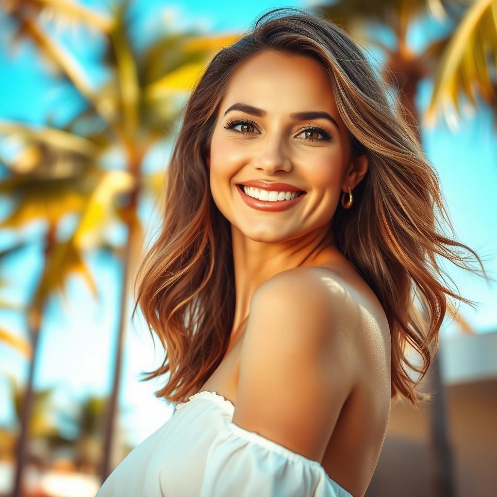 A radiant woman with a captivating smile, exuding confidence and charm, set against a warm, sunlit background with a tropical feel, highlighting beautiful palm trees and clear blue skies, capturing an essence of glamour and elegance