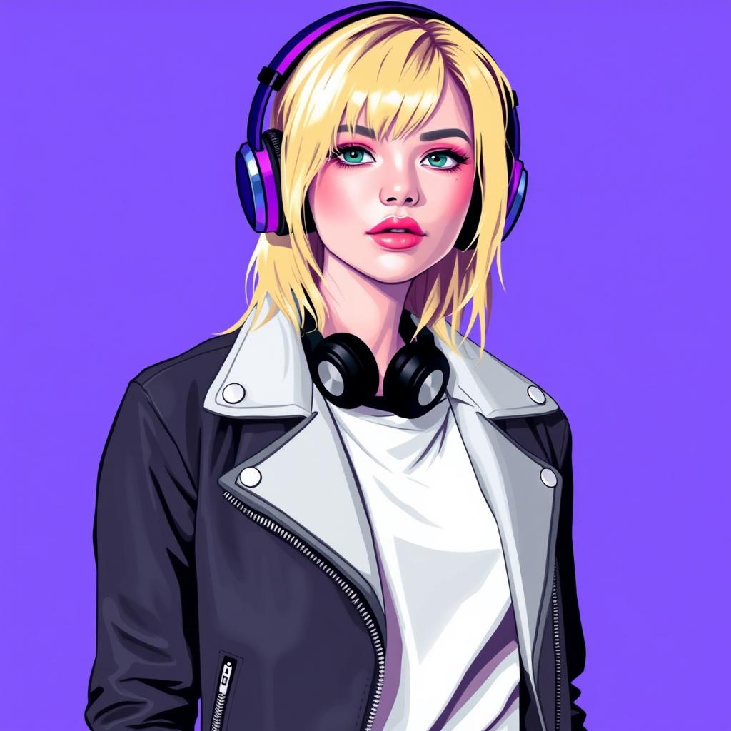 The figure of a blonde girl wearing a leather jacket and headphones, portrayed in a vibrant color palette of purple, white, black, gray, and blue