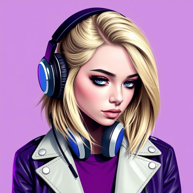 The figure of a blonde girl wearing a leather jacket and headphones, portrayed in a vibrant color palette of purple, white, black, gray, and blue