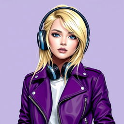 The figure of a blonde girl wearing a leather jacket and headphones, portrayed in a vibrant color palette of purple, white, black, gray, and blue