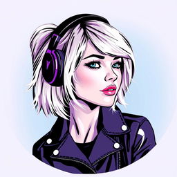 The figure of a blonde girl wearing a leather jacket and headphones, portrayed in a vibrant color palette of purple, white, black, gray, and blue