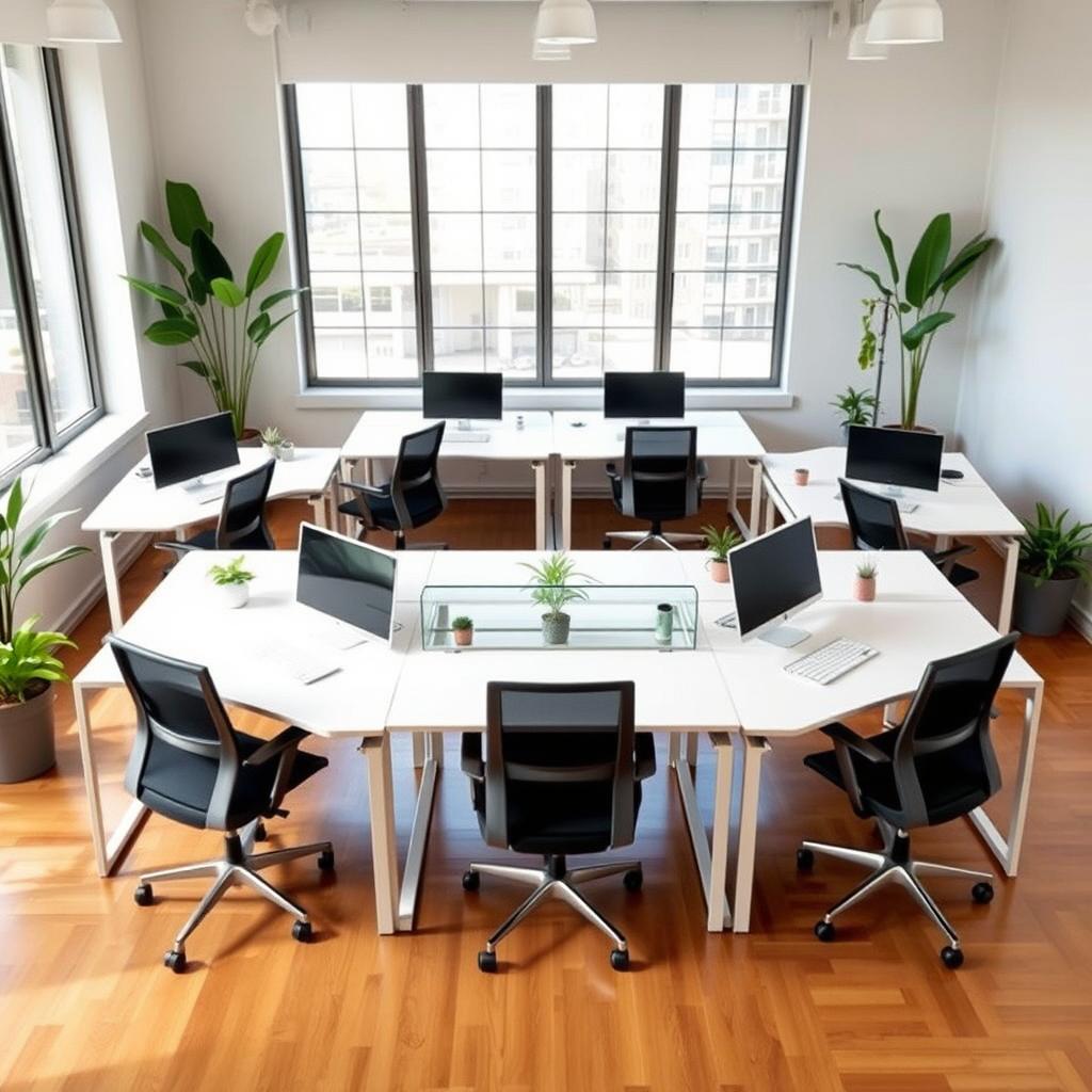 A modern room with eight desks arranged together in a collaborative workspace setup