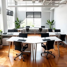 A modern room with eight desks arranged together in a collaborative workspace setup