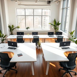 A modern room with eight desks arranged together in a collaborative workspace setup