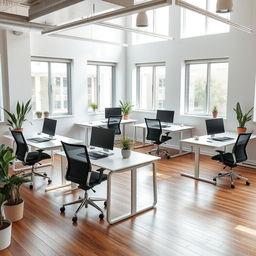 A modern room with eight desks arranged together in a collaborative workspace setup