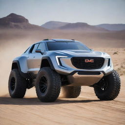 Envisage an unconventional fusion of a rugged GMC off-road vehicle with the high-performance futuristic design of a Devel Sixteen, leading to an extraordinary concept super truck