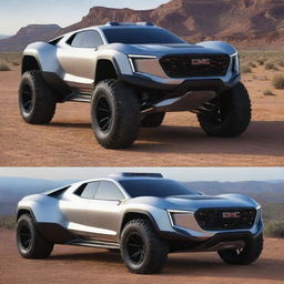 Envisage an unconventional fusion of a rugged GMC off-road vehicle with the high-performance futuristic design of a Devel Sixteen, leading to an extraordinary concept super truck