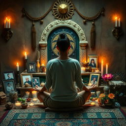 In the center, show a person in meditation or a reflective pose in front of an ancestral altar