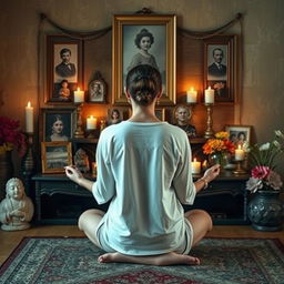 In the center, show a person in meditation or a reflective pose in front of an ancestral altar