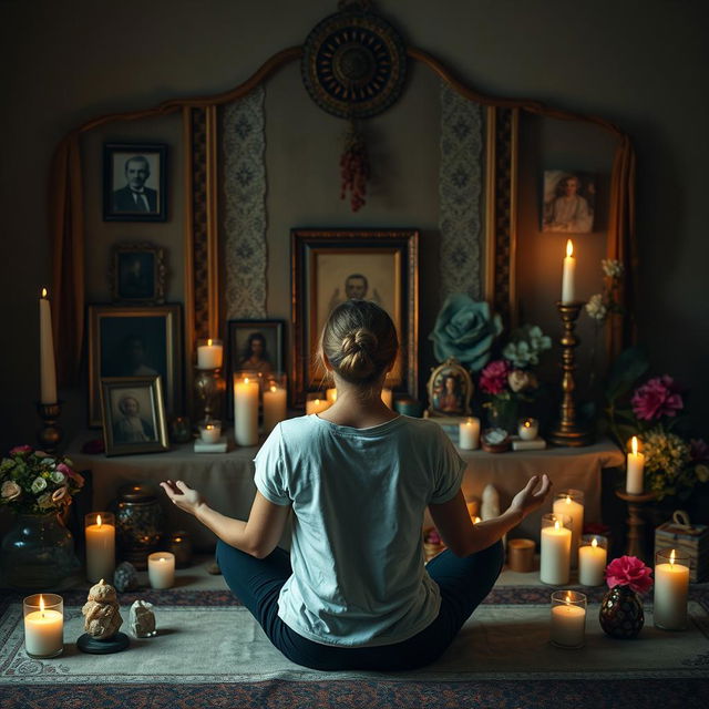 In the center, show a person in meditation or a reflective pose in front of an ancestral altar