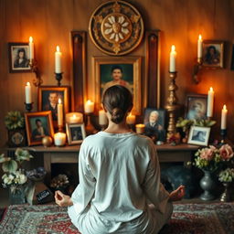 In the center, show a person in meditation or a reflective pose in front of an ancestral altar