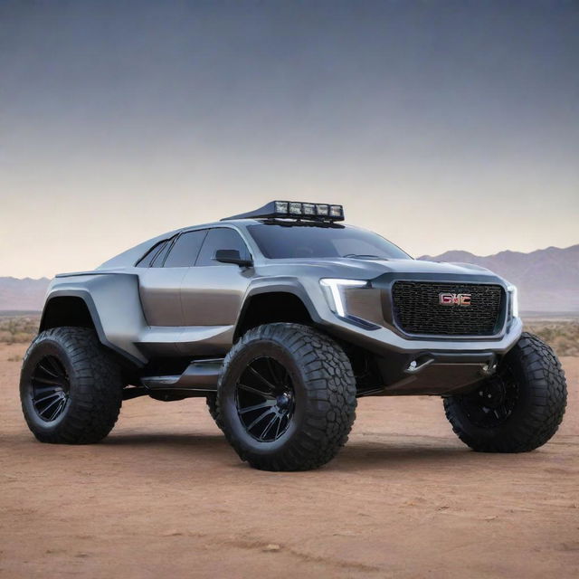 Envisage an unconventional fusion of a rugged GMC off-road vehicle with the high-performance futuristic design of a Devel Sixteen, leading to an extraordinary concept super truck