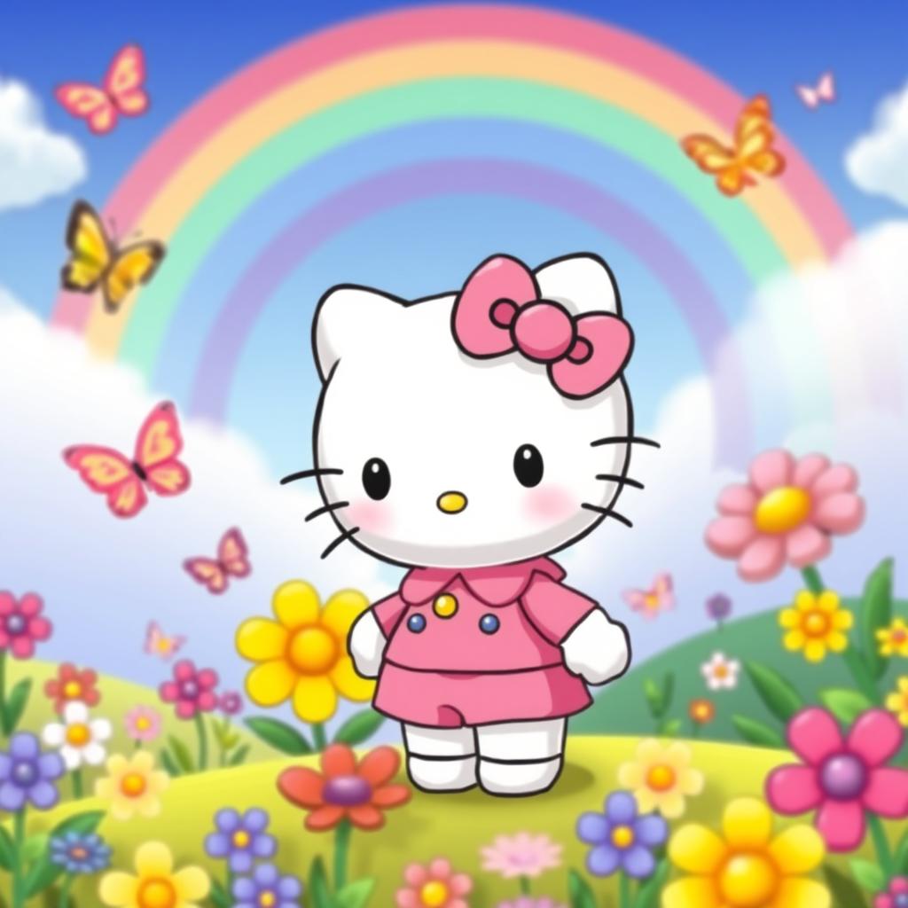 a cute Hello Kitty character in a pink outfit standing in a vibrant and colorful cartoon world, surrounded by flowers and butterflies, with a rainbow in the background, the scene is filled with cheerfulness and joy