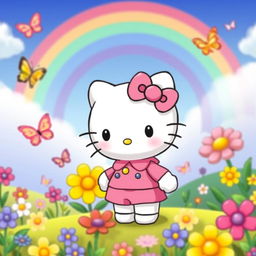 a cute Hello Kitty character in a pink outfit standing in a vibrant and colorful cartoon world, surrounded by flowers and butterflies, with a rainbow in the background, the scene is filled with cheerfulness and joy