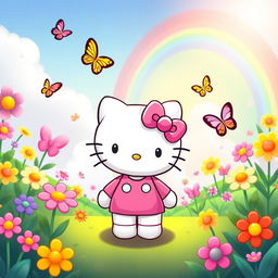 a cute Hello Kitty character in a pink outfit standing in a vibrant and colorful cartoon world, surrounded by flowers and butterflies, with a rainbow in the background, the scene is filled with cheerfulness and joy