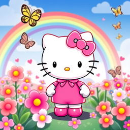 a cute Hello Kitty character in a pink outfit standing in a vibrant and colorful cartoon world, surrounded by flowers and butterflies, with a rainbow in the background, the scene is filled with cheerfulness and joy