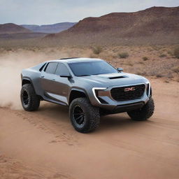 Envisage an unconventional fusion of a rugged GMC off-road vehicle with the high-performance futuristic design of a Devel Sixteen, leading to an extraordinary concept super truck