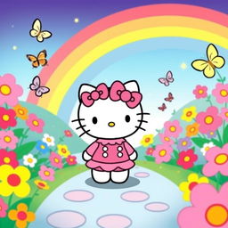 a cute Hello Kitty character in a pink outfit standing in a vibrant and colorful cartoon world, surrounded by flowers and butterflies, with a rainbow in the background, the scene is filled with cheerfulness and joy