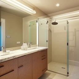 A pristine, well-lit bathroom with modern fixtures and neutral tones. It features a large mirror, a stylish sink, and a spacious shower with glass doors.