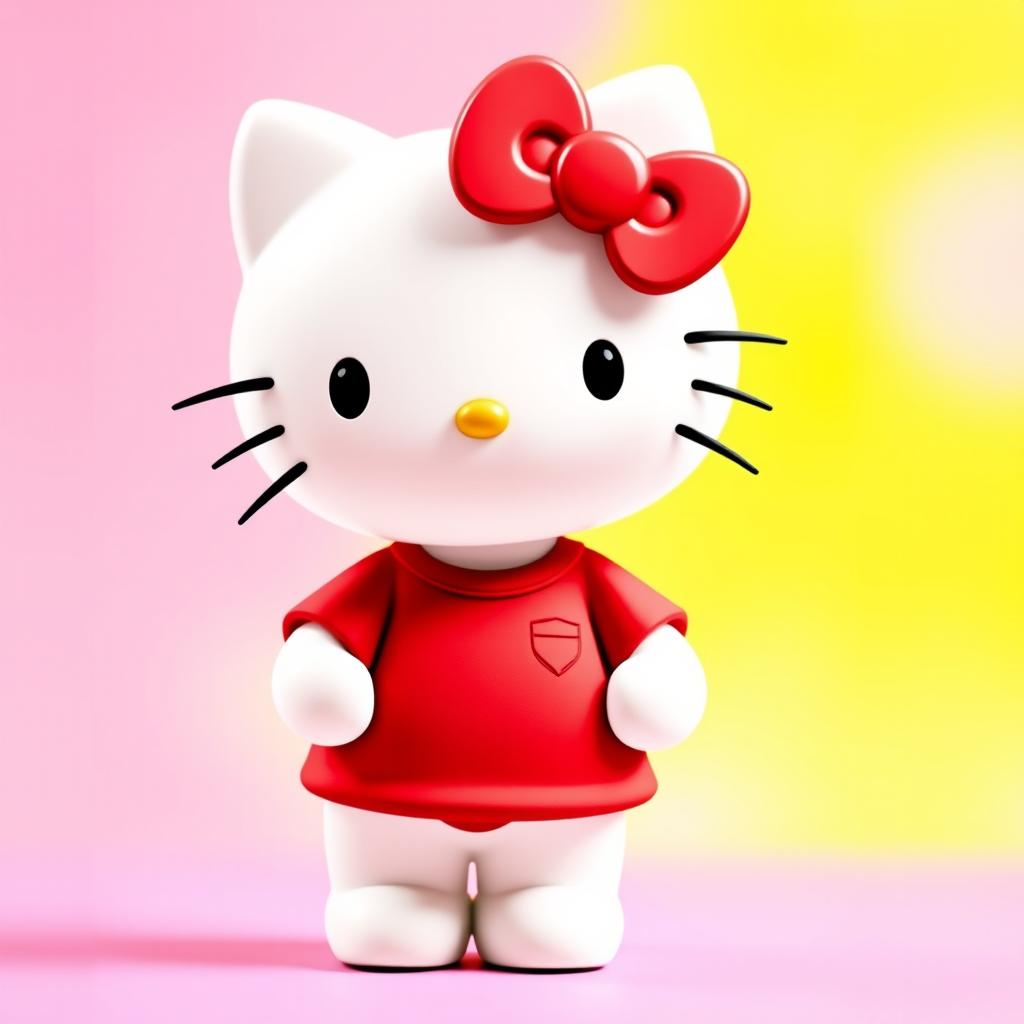 Hello Kitty wearing a cute red t-shirt, standing in a playful and cheerful pose with a friendly smile