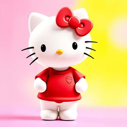 Hello Kitty wearing a cute red t-shirt, standing in a playful and cheerful pose with a friendly smile