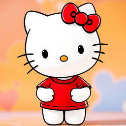 Hello Kitty wearing a cute red t-shirt, standing in a playful and cheerful pose with a friendly smile