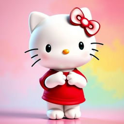 Hello Kitty wearing a cute red t-shirt, standing in a playful and cheerful pose with a friendly smile