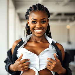 a beautiful black woman styled in a casual, chic manner, playfully pulling her shirt away from her body, conveying a sense of confidence and fun