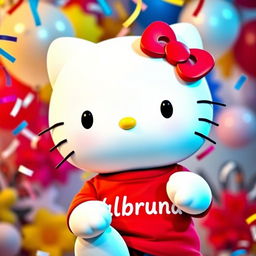 Hello Kitty wearing a cute red t-shirt with the text 'Valbruna' printed prominently on it