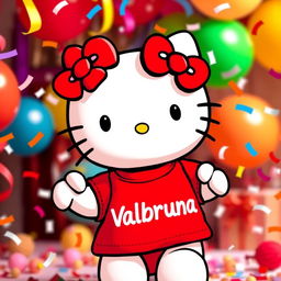 Hello Kitty wearing a cute red t-shirt with the text 'Valbruna' printed prominently on it