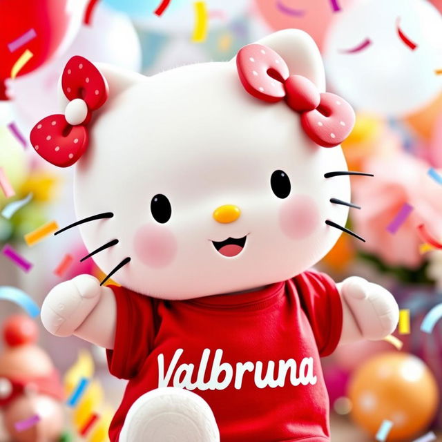 Hello Kitty wearing a cute red t-shirt with the text 'Valbruna' printed prominently on it