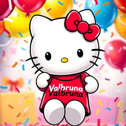 Hello Kitty wearing a cute red t-shirt with the text 'Valbruna' printed prominently on it