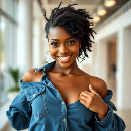 a beautiful black woman styled in a casual, chic manner, playfully pulling her shirt away from her body, conveying a sense of confidence and fun